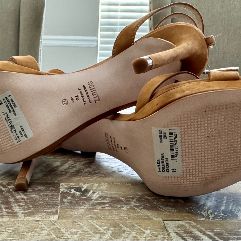 SCHUTZ Cognac Brown Suede Strappy Block Heel Sandals - Picture 6 of 6